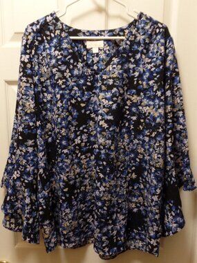 *EUC Belle by Kim Gravel XL 18 20 BLUE BLACK V-Neck Floral Flutter Sleeve Blouse